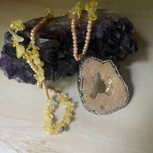 NWOT JKNY HSN yellow citrine chip peach druzy pendant boho necklace 32"